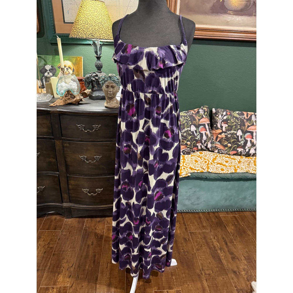 Elle‎ Purple Floral Maxi Dress Womens Large Ruffle Neck Smocked Back Sleeveless